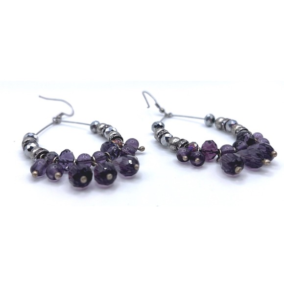 Amethyst Color Beaded Hoop Earrings Silver Tone Dangle 3" Boho Chic - Picture 4 of 4